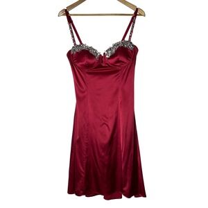 Marciano NST Slip Dress L Silk Satin Crystal Beaded Blood Red Mini